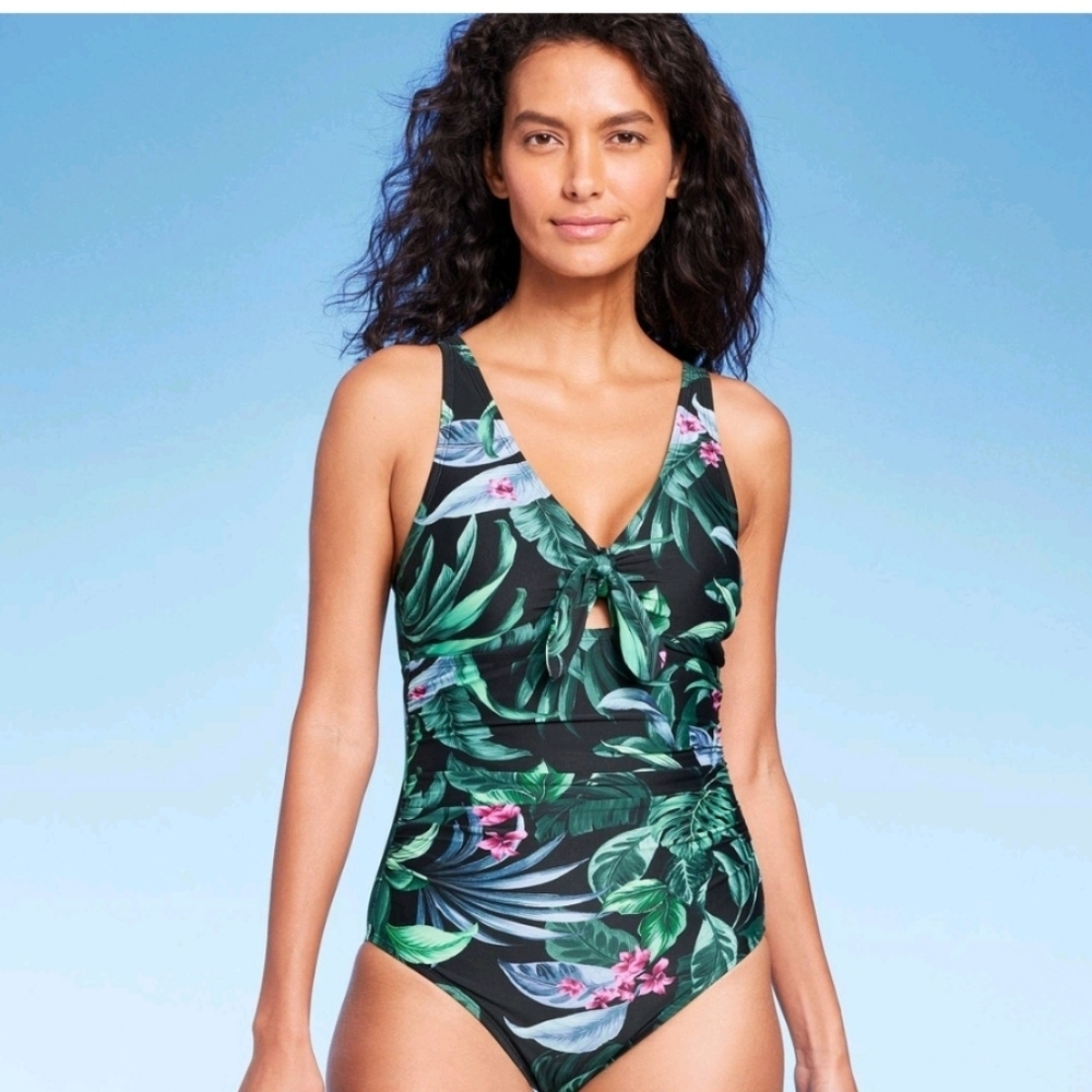 Women's Full Coverage Tummy Control Tie-Front One Piece Swimsuit - M